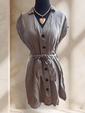 Zara Button-Front Shirt Dress in Olive Taupe